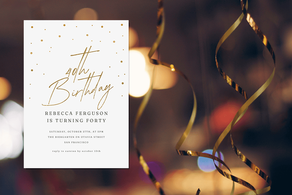 new-40th-birthday-golden-number-birthday-invite Elegant 40th birthday invitation with gold handwritten script reading ‘40th Birthday’ and small gold dots on a clean white background.