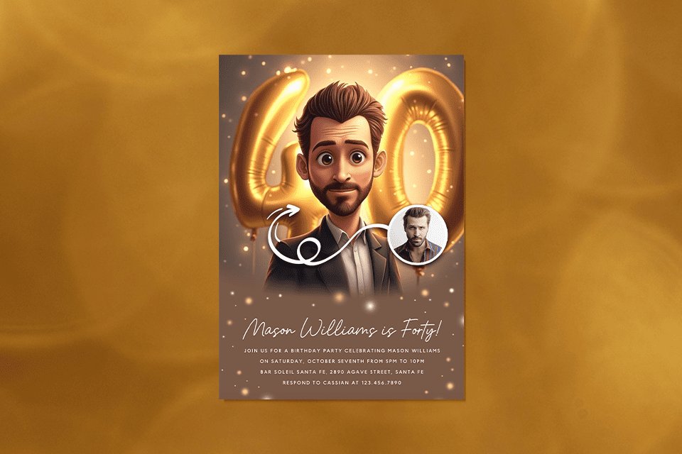 new-40th-birthday-milestone-balloon-magiv-photo-ai-invite 40th birthday invitation featuring a 3D-cartoon portrait of a man in a suit, standing in front of large gold ‘40’ balloons with glowing lights. A small circular photo shows his real image for comparison. The design has soft golden sparkles and elegant handwritten text at the bottom.