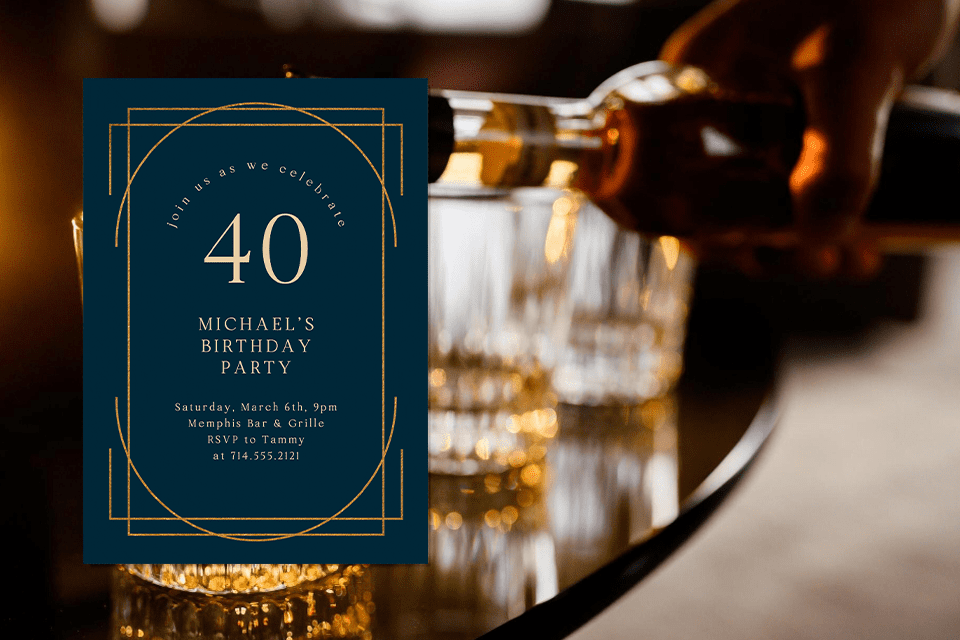new-40th-birthday-whiskey-elegant-invite Whiskey being poured into a row of clear glasses on a dark bar table, with a navy and gold geometric 40th birthday party invitation displayed beside them.
