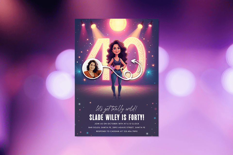 new-40th-milestone-birthday-her-magic-photo-ai-invite Cartoon-style 40th birthday party invitation featuring a confident woman standing in front of large glowing ‘40’ marquee numbers on a colorful stage with spotlights, shown against a blurred purple bokeh background.