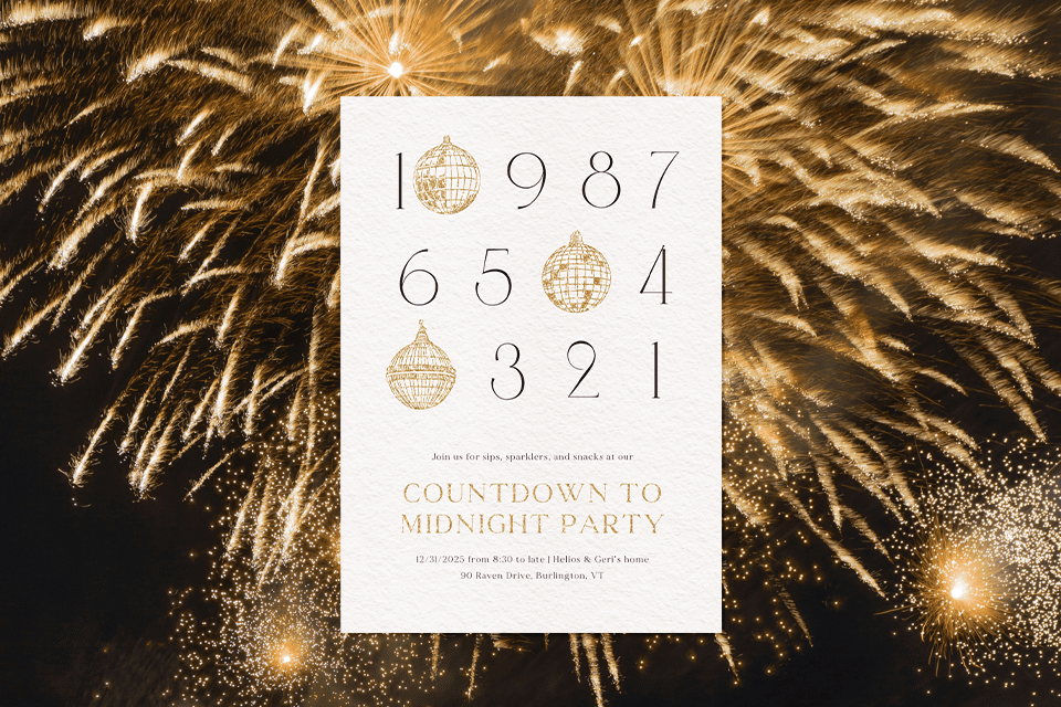 new-year-countdown-invite-fireworks A white textured New Year’s Eve party invitation is centered over a background of golden fireworks. The card displays a vertical countdown made of black numbers and small gold disco-ball illustrations. Gold text reads ‘Countdown to Midnight Party,’ with event details listed beneath.