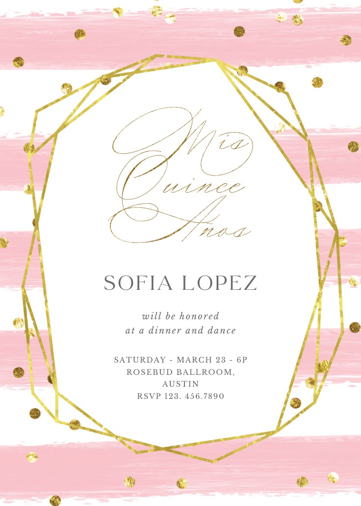 Pink watercolor quinceañera invitation with horizontal blush brushstrokes, gold confetti dots, and a geometric gold frame, featuring elegant script text announcing Sofia Lopez’s quince años dinner and dance.