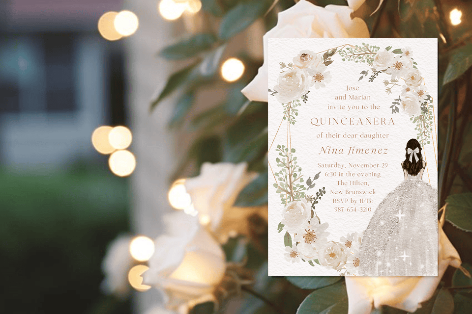 quinceañera flowers white roses invite Elegant quinceañera invitation card featuring a floral wreath and an illustrated girl in a sparkling gown, displayed against a soft background of white roses and warm string lights.