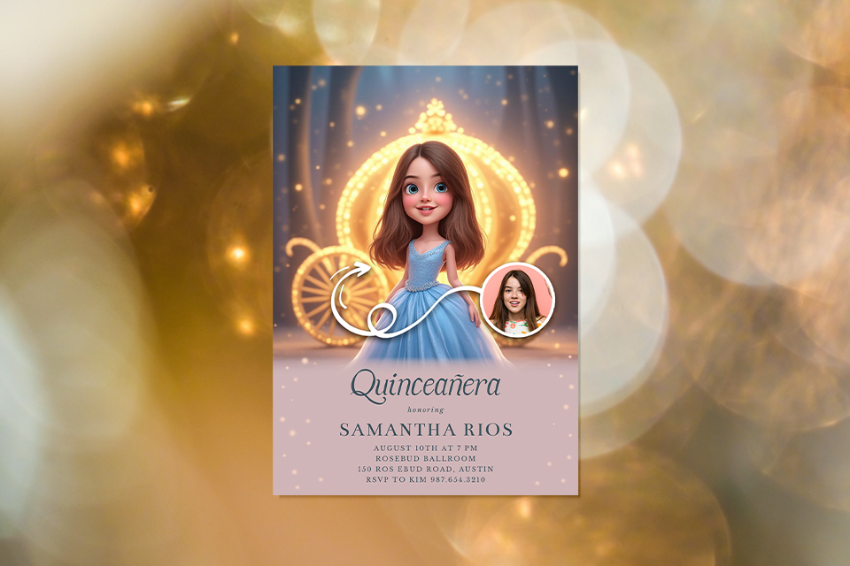 quinceañera-magic-photo-ai-princess-invite Princess-themed quinceañera invitation featuring a cartoon-style girl in a blue gown, standing before a glowing golden carriage, with soft bokeh lights and elegant typography.