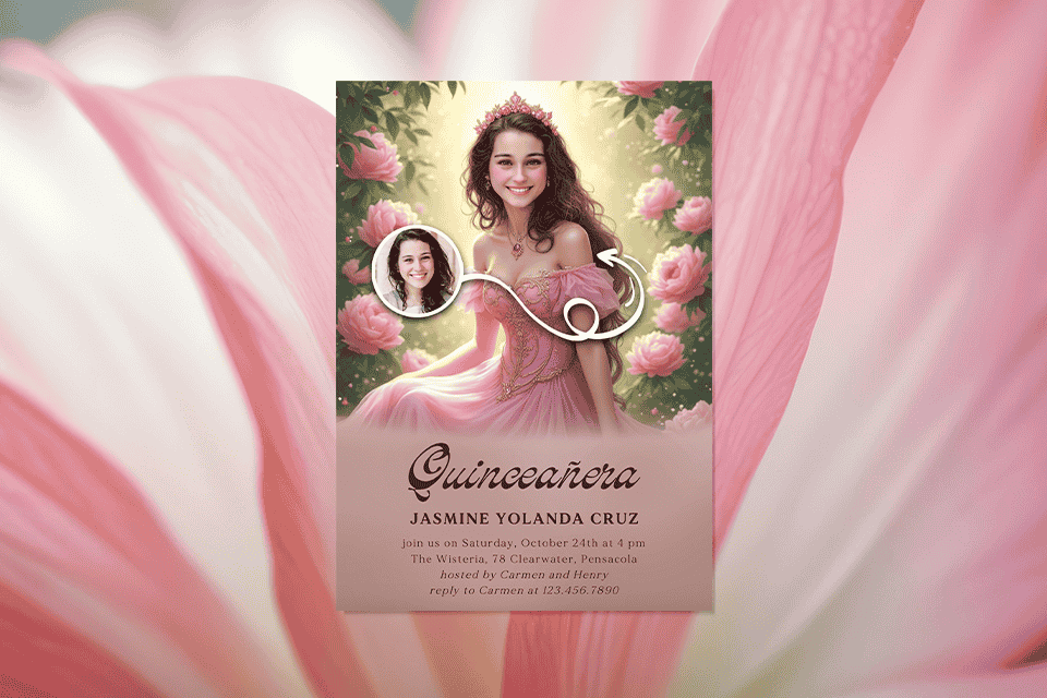 quinceañera-magic-photo-pink-roses-dress-tiara (1) Quinceañera invitation featuring a smiling girl in a pink ball gown and tiara, surrounded by soft pink roses and greenery, with a romantic floral background and elegant script text.