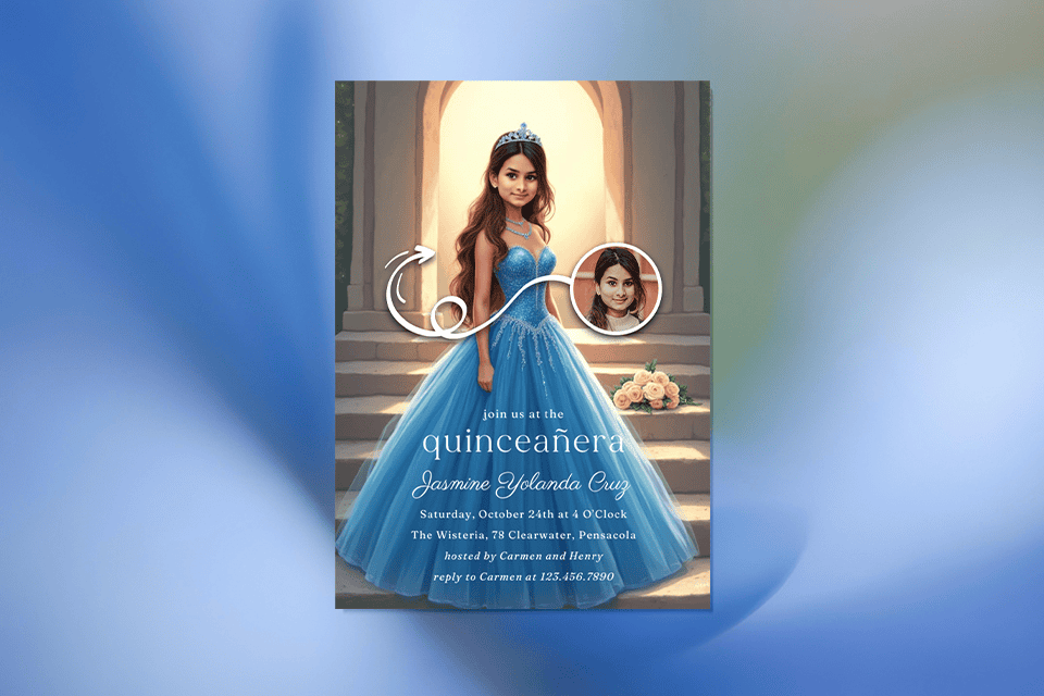 quinceañera-magic-photo-royal-ball-blue-ai (2) Quinceañera invitation featuring a princess-style illustration of a girl in a blue ball gown and tiara, standing in an elegant archway, with event details and a small circular photo reference on the design.