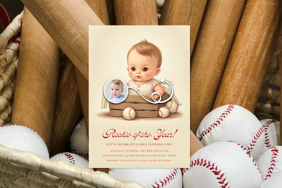 1-baseball-birthday-1st-birthday-invite-magic-photo Baseball-themed first birthday invitation reading “Rookie of the Year” featuring a cartoon baby sitting in a wooden crate with baseballs, displayed in front of real baseball bats and balls for a sporty celebration setup.