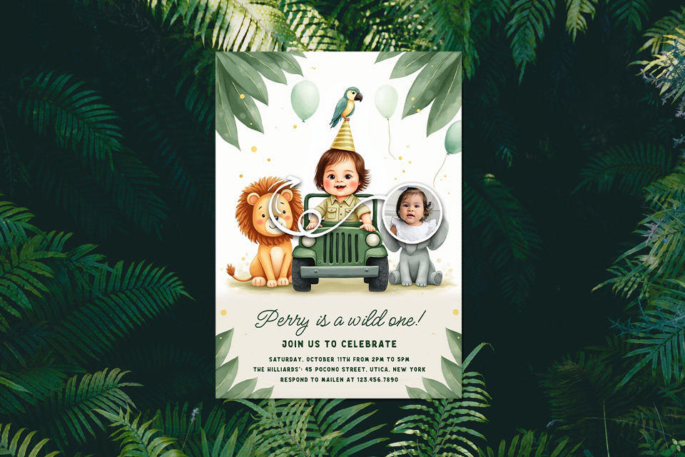 1st-birthday-jungle-animals-magic-photo-ai-invite Jungle-themed first birthday invitation featuring a cartoon baby wearing a party hat sitting in a green jeep, surrounded by a lion and an elephant, with tropical leaves and balloons, displayed against a lush green jungle background.