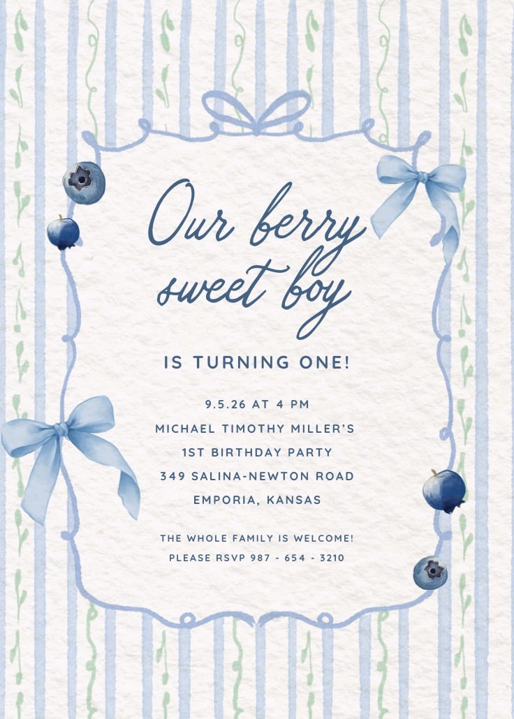 Blueberry-themed first birthday invitation reading “Our berry sweet boy is turning one!” featuring soft blue bows, striped pastel background, and illustrated blueberries in a delicate watercolor style.