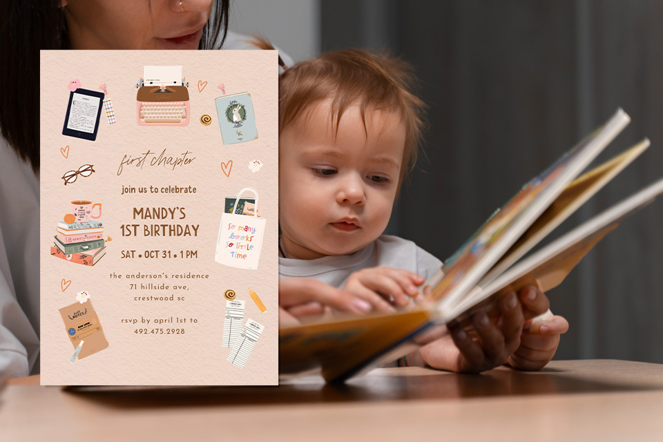 bookworm-1st-birthday--invite Book-themed first birthday invitation featuring illustrated books, a typewriter, and reading accessories with the text “Mandy’s 1st Birthday,” displayed beside a baby looking at a picture book.