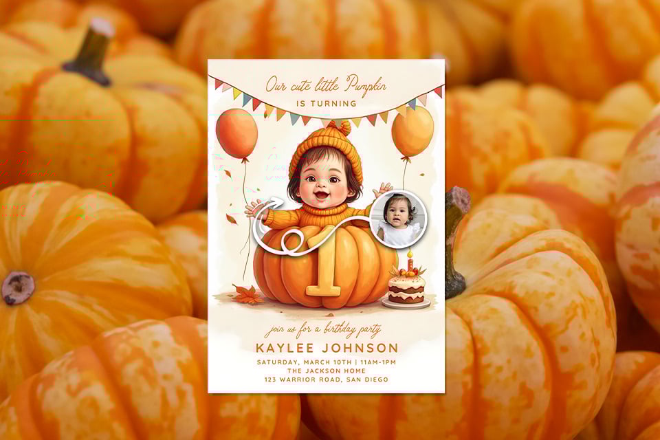 little-pumpkin-birthday-boy-1st-magic-photo-ai-invite Fall-themed first birthday invitation featuring a cartoon baby dressed as a pumpkin with a large number “1,” surrounded by orange balloons and autumn leaves, displayed against a background of real pumpkins.
