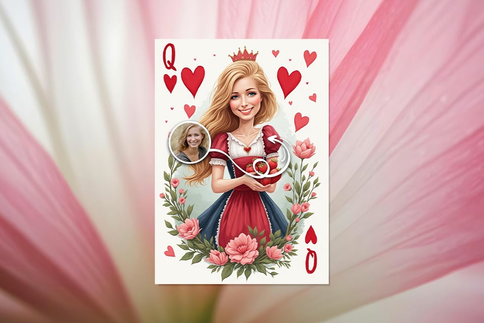 mother-birthday-card-queen-magic-photo Elegant illustrated birthday card for mom styled as the Queen of Hearts, featuring a smiling blonde woman wearing a crown and red dress, holding heart-shaped gifts, surrounded by roses and floating hearts, with a soft pink floral background.