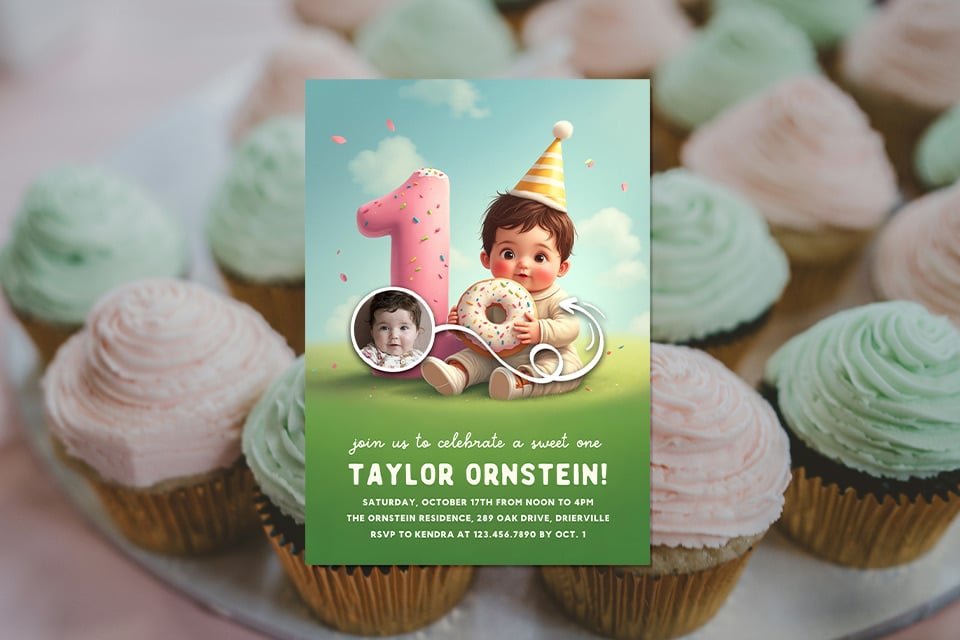 one-birthday-magic-photo-donut-cupcakes-sweets First birthday invitation featuring a cartoon baby wearing a party hat and holding a sprinkled donut beside a large pink number one, set against a pastel sky background, displayed over soft-focus pink and mint frosted cupcakes.