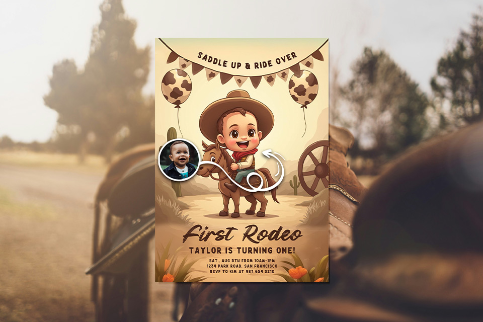 rodeo-1st-birthday-cowboy-magic-photo-ai-invite Western-themed first birthday invitation featuring a cartoon baby dressed as a cowboy riding a small horse, with cow-print balloons and a rustic desert backdrop, displayed over a blurred ranch scene with a saddle in the foreground.