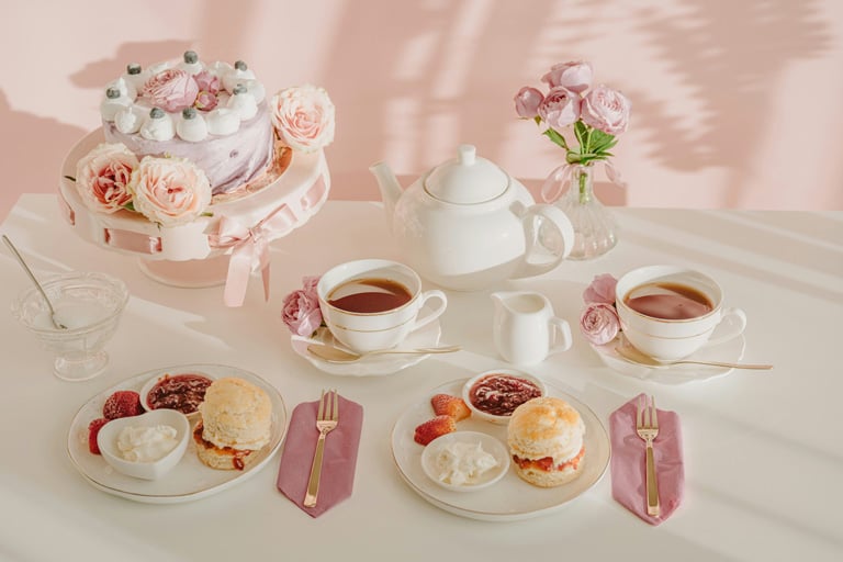 Elegant tea party table setting with pink frosted cake, teapot, teacups, scones, jam, and fresh roses arranged on a soft pastel table for a charming afternoon tea celebration.