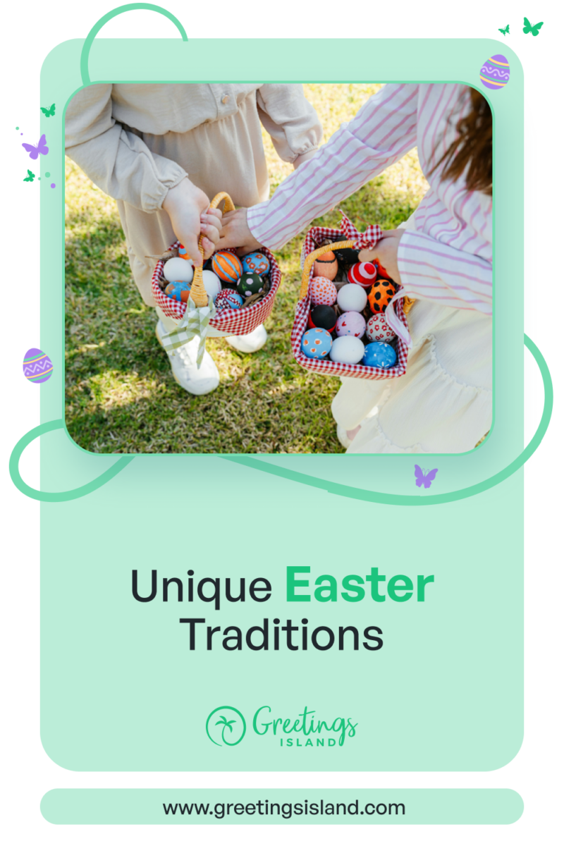 Easter banner 5 Pinterest banner titled “Unique Easter Traditions” featuring children holding baskets of decorated Easter eggs, with playful pastel graphics and Greetings Island branding.