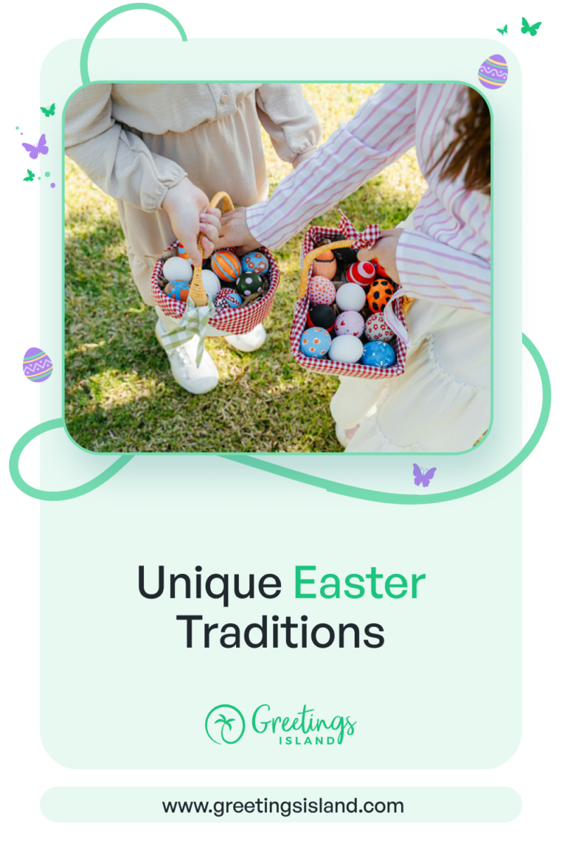 Unique Easter Traditions Pinterest banner titled “Unique Easter Traditions” featuring children holding baskets of decorated Easter eggs, with playful pastel graphics and Greetings Island branding.