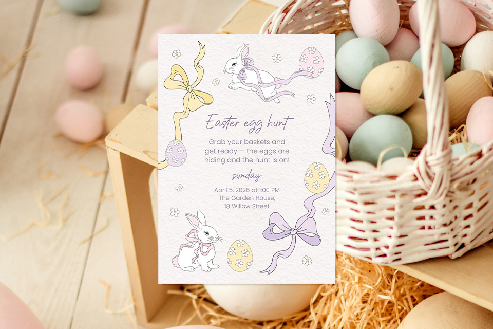 easter-egg-hunt-bunnies-pastel-invitw Pastel Easter egg hunt invitation with bunny illustrations and soft ribbon details, displayed beside a basket of painted eggs and spring decor.