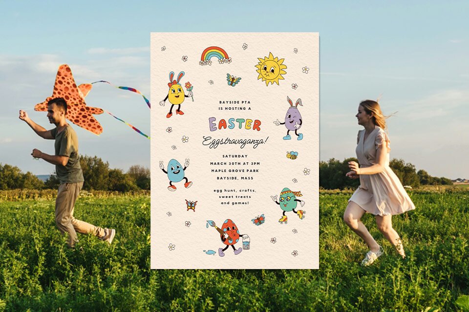 easter-invite-eggs-kites-flying (1) Colorful Easter event invitation with playful cartoon eggs, sun, and rainbow, set against a background of people flying a kite in a sunny field.