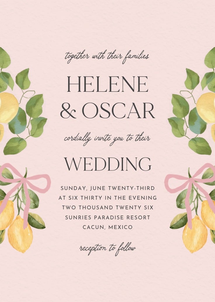 Elegant wedding invitation featuring watercolor lemons and greenery with pink ribbon accents, announcing the wedding of Helene and Oscar with a soft pastel background and classic typography.