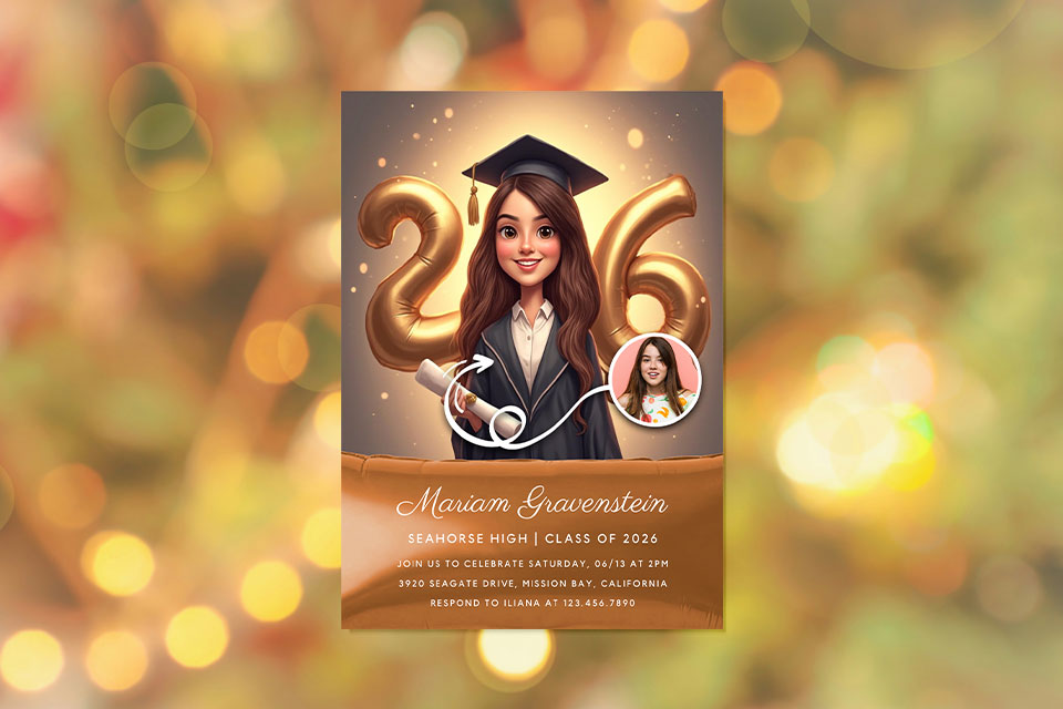 2026-graduation-party-magic-photo-ai Graduation party invitation featuring a cartoon-style graduate in cap and gown with gold “2026” balloons, personalized with a small photo inset and event details below.