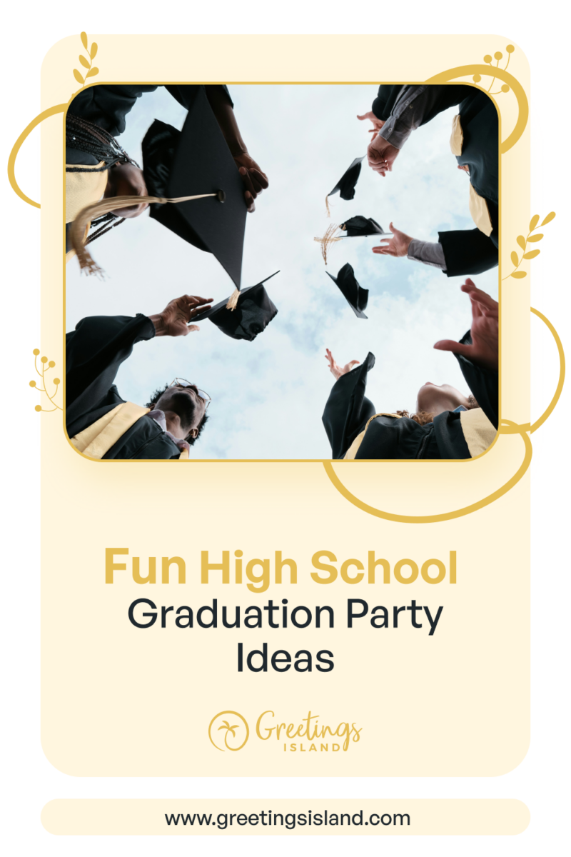 High school graduation party banner 10 Graduation party blog cover with graduates tossing caps into the air, framed in a beige layout with the title “Fun High School Graduation Party Ideas.”