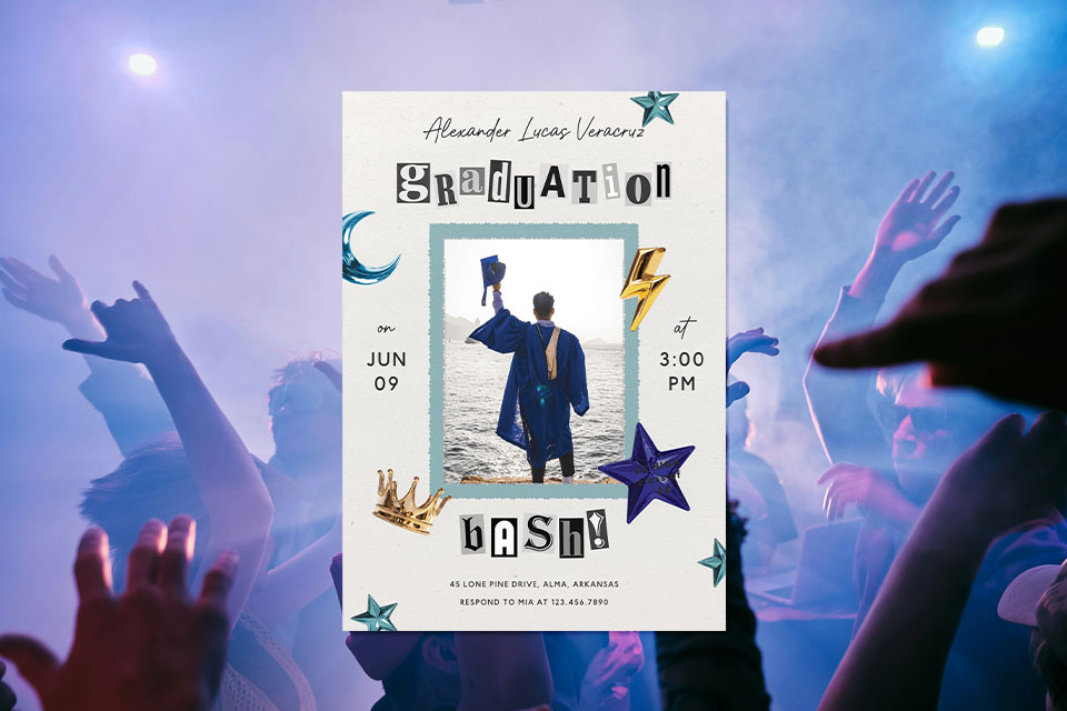 gradachella-coachella-inspired-high-school-graduation-party-invite Coachella-inspired graduation party invitation with cutout-style text, playful icons, and a central photo of a graduate raising a cap, set against a lively party crowd background.