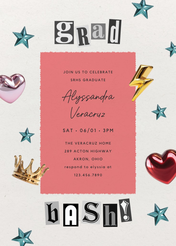 Playful graduation party invitation with cutout-style “grad bash!” text, colorful stars and balloons, and a coral center panel featuring event details.
