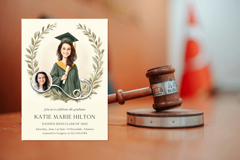 law-graduation-high-school-magic-photo-invite Graduation party invitation with illustrated graduate in cap and gown framed by a laurel wreath, personalized with a small photo inset, set beside a judge’s gavel.