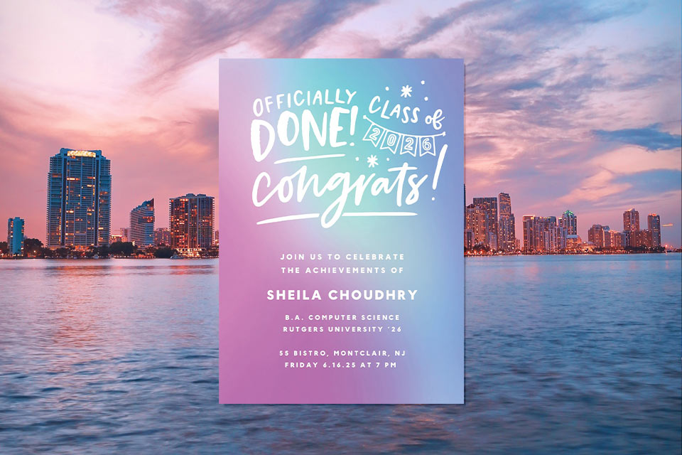 the-world-awaits-graduation-party-invite Modern graduation party invitation with pastel gradient background and bold “Officially Done! Class of 2026 Congrats!” text, set against a waterfront city skyline at sunset.